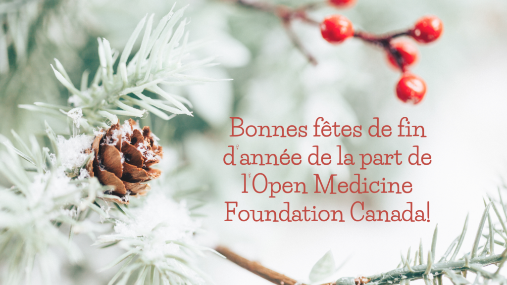 Une pomme de pin et du houx sur une branche d'arbre recouverte de neige avec le texte « Joyeuses fêtes de la part de votre famille OMFCA ! »
