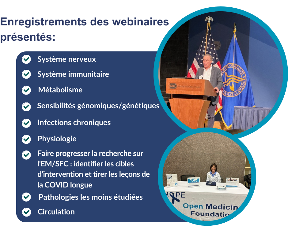 « Vue d'ensemble des sujets abordés lors du webinaire, ainsi que des images de la présentation de David Systrom et du développement du réseau de Linda Tannenbaum à la table de l'Open Medicine Foundation ».