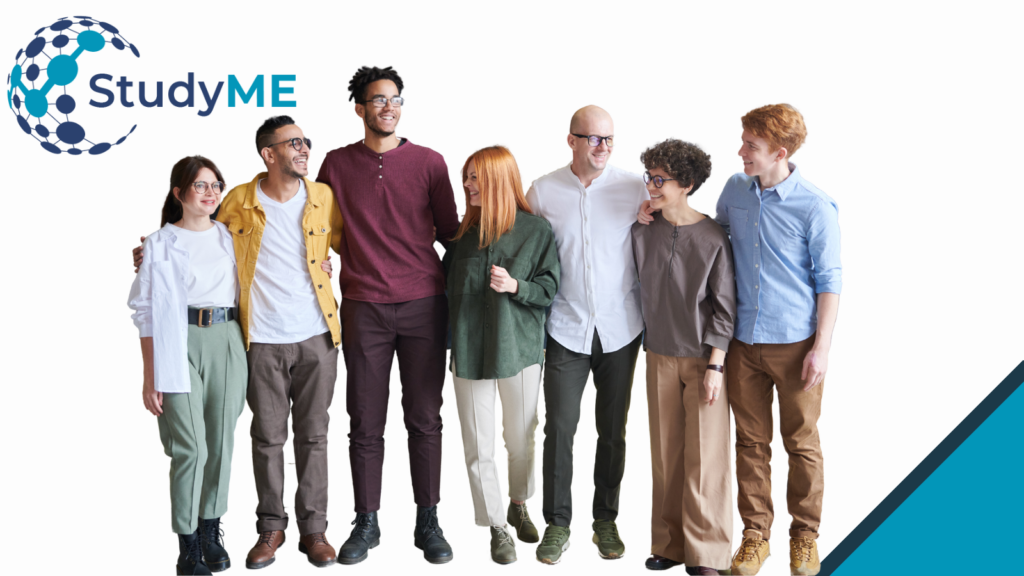 A group of seven diverse individuals posing in a friendly and cohesive manner, suggesting a collaborative environment. Above the group is a StudyME logo.