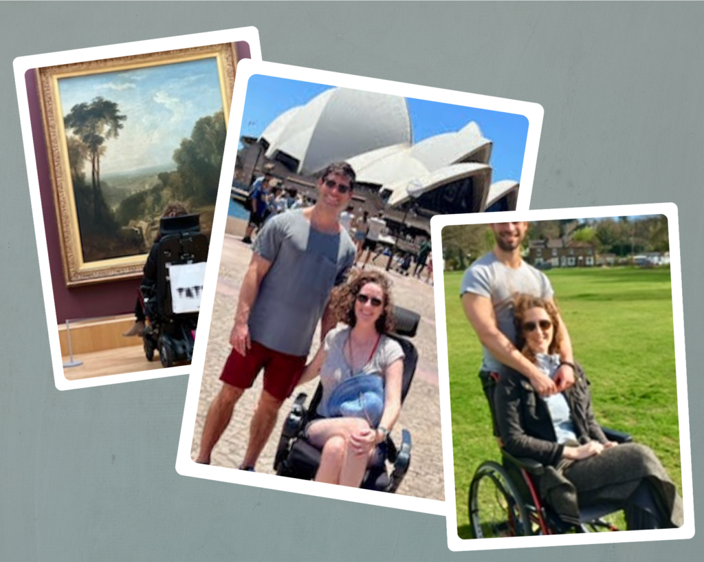 A collage of three pictures of Manon and her partner, Hugo. The first picture is in the gallery, the second in front of the Sydney Opera House, and the third in a park.