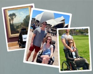 Collage de trois photos de Manon et de son compagnon Hugo. La première photo a été prise dans une galerie, la deuxième devant l'Opéra de Sydney et la troisième dans un parc.