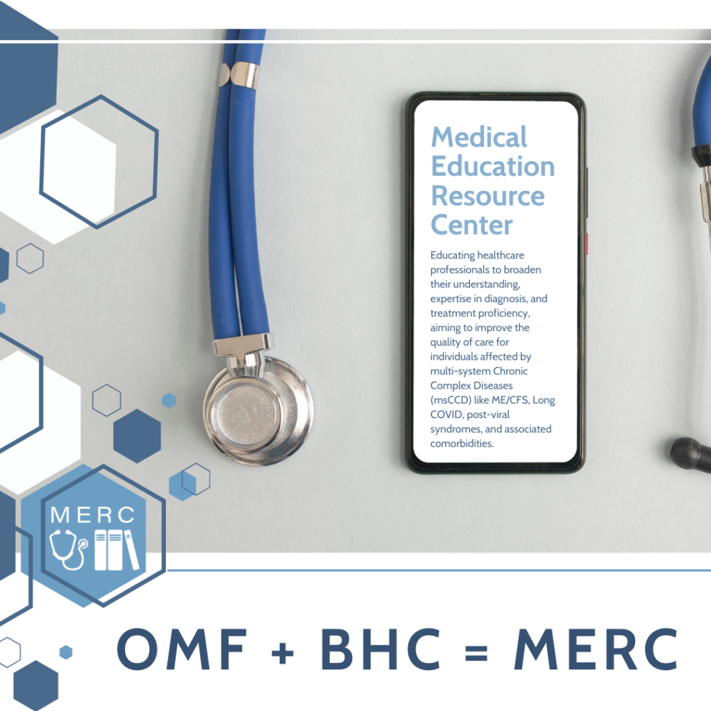 Un smartphone avec le titre "Centre de Ressources pour l'Éducation Médicale" sur son écran. En dessous, une équation "OMF + BHC = MERC".