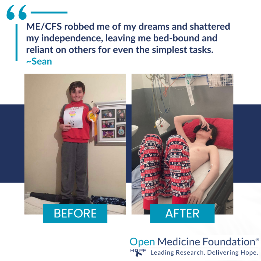 A before-and-after snapshot of Sean's life. On the left, Sean beams proudly with a writing competition medal. On the right, he lies in a hospital bed, wearing a sleep mask. Sean's quote: "ME/CFS robbed me of my dreams, shattered my independence, leaving me bed-bound and reliant on others."