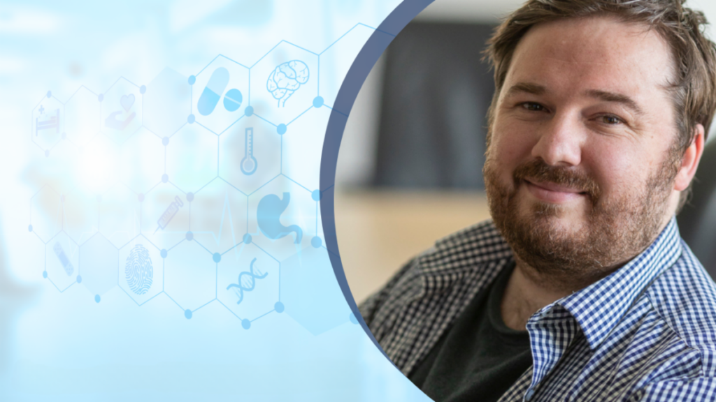 On the left side, there's a background composed of hexagonal shapes connected by lines, symbolizing a molecular structure. On the right side is a picture of Chris Armstrong, PhD.