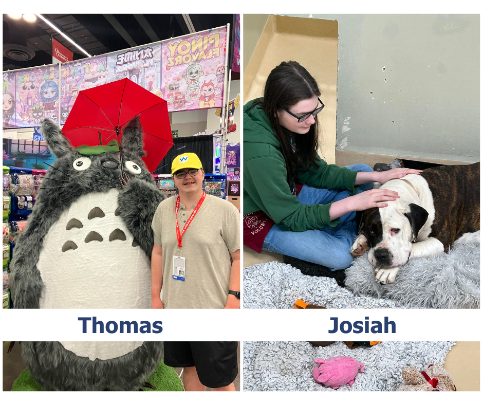 L'image est divisée en deux parties. À gauche : Thomas se tient à côté d'une grande mascotte de Totoro lors d'une convention de bandes dessinées. Il porte une casquette jaune et un cordon avec un badge d'accès à l'événement. À droite : Josiah est assis par terre et caresse un gros chien couché sur une couverture en fourrure. Josiah porte des lunettes et un sweat à capuche vert avec le mot « Volunteer » partiellement visible.