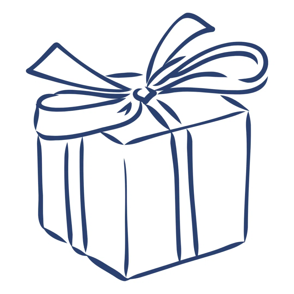 Il s'agit d'un dessin au trait simple d'une boîte cadeau enveloppée d'un ruban et d'un nœud. L'illustration utilise des lignes audacieuses et fluides pour représenter la boîte et ses éléments décoratifs, ce qui lui donne un aspect stylisé et élégant.