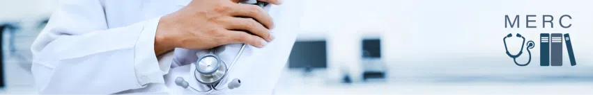 A close-up of a person in a white lab coat holding a stethoscope. On the right, there is a stethoscope and books.