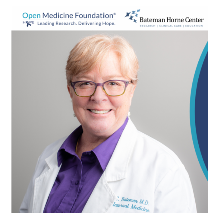 A YouTube thumbnail featuring the OMF and BHC logos at the top. Dr. Bateman’s headshot appears on the left, with the MERC (Medical Education Resource Center) logo and the text "Breaking New Ground in Medical Education: Insights from Dr. Lucinda Bateman" on the right.