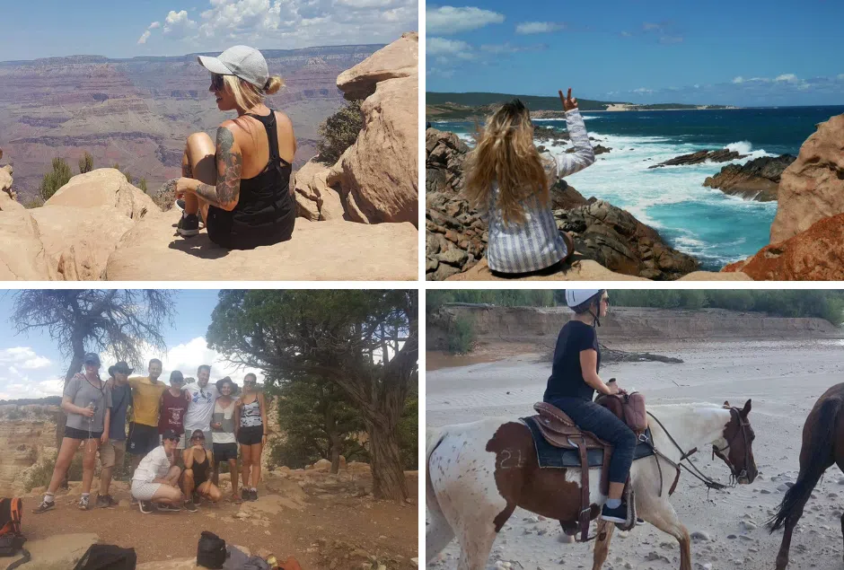 Collage de photos de Lauren prises avant son diagnostic d'EM/SFC, en plein air : assise au Grand Canyon, au bord de l'océan avec un signe de paix, en randonnée avec un groupe et à cheval dans un paysage désertique.