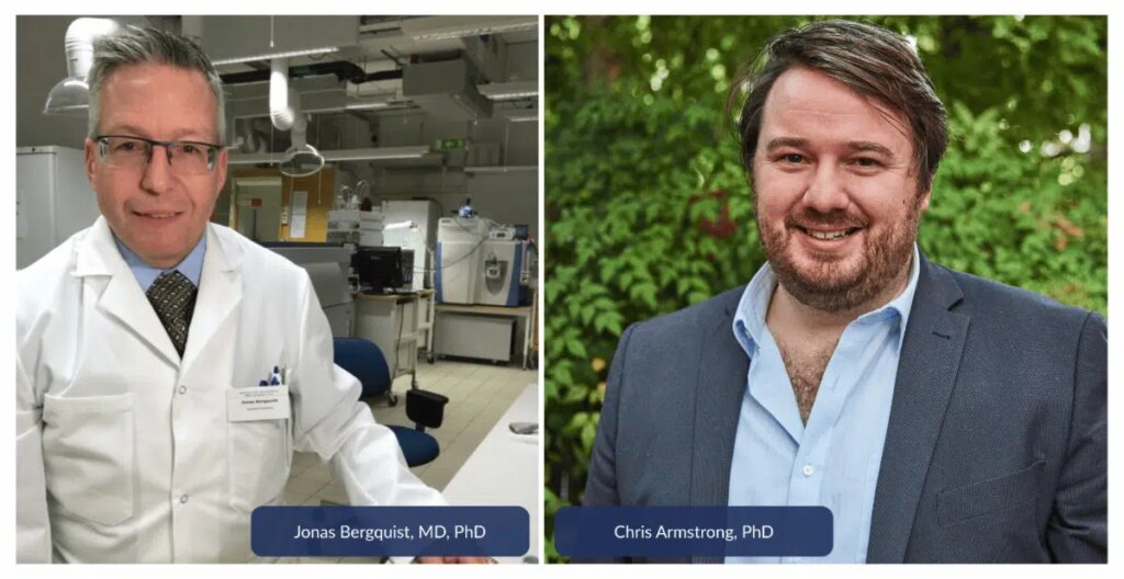 On the left is a picture of Dr. Jonas Bergquist in a lab, wearing a lab coat. On the right is a photo of Dr. Chris Armstrong, wearing a blue shirt and blue jacket, and smiling.