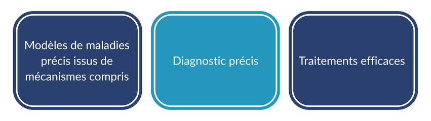 L'image montre trois encadrés rectangulaires arrondis disposés en ligne. Le premier encadré bleu foncé indique « Modèles de maladies précis issus de mécanismes compris », l'encadré bleu sarcelle du milieu indique « Diagnostic précis » et le troisième encadré bleu foncé indique « Traitements efficaces ».