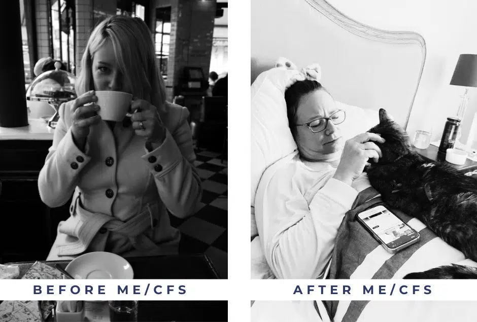 This image is a side-by-side comparison, labeled “Before ME/CFS” and “After ME/CFS.” On the left, Nicky is sitting in a café in Paris, holding a cup of coffee with both hands.On the right, Nicky is lying in bed, living with severe ME/CFS.