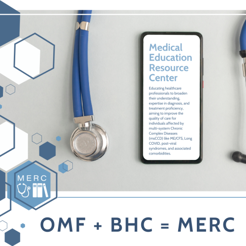 A smartphone with the title "Medical Education Resource Center" on its screen. Below is an equation "OMF + BHC = MERC".