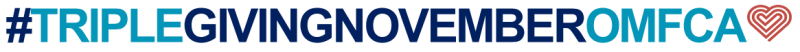 TGN logo: #TRIPLEGIVINGNOVEMBEROMFCA. The phrase is written in bold, uppercase letters with a mix of dark blue and light blue colors. The "OMFCA" text is in light blue, and there is a stylized heart shape in reddish-orange next to it.